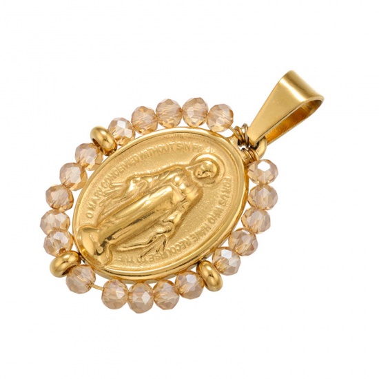 Immagine di Acciaio Inossidabile + Vetro Religione Ciondoli Ovale Oro Placcato Champagne Vergine Maria 38mm x 24mm, 1 Pz