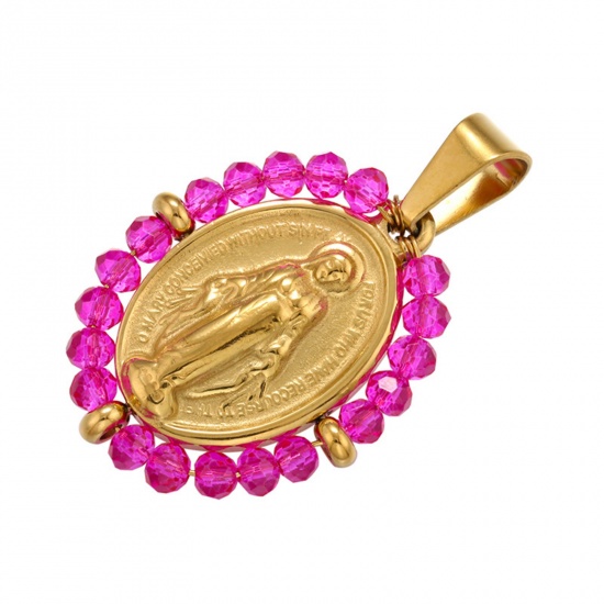 Immagine di Acciaio Inossidabile + Vetro Religione Ciondoli Ovale Oro Placcato Rosso Prugna Vergine Maria 38mm x 24mm, 1 Pz