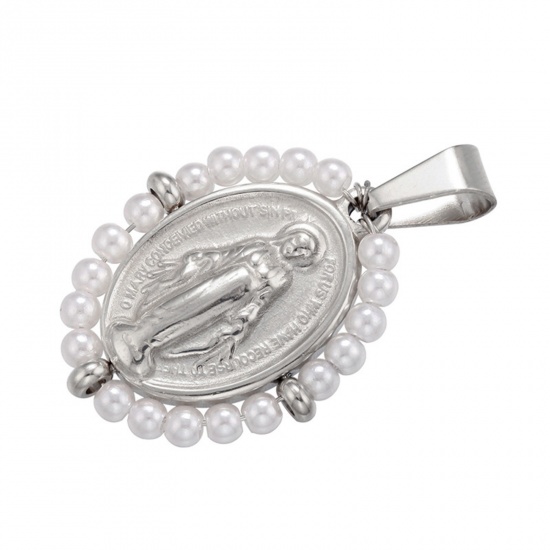 Immagine di Acciaio Inossidabile & Perla Religione Ciondoli Ovale Tono Argento Bianco Vergine Maria 38mm x 24mm, 1 Pz