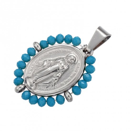 Immagine di Acciaio Inossidabile + Vetro Religione Ciondoli Ovale Tono Argento Blu Vergine Maria 38mm x 24mm, 1 Pz