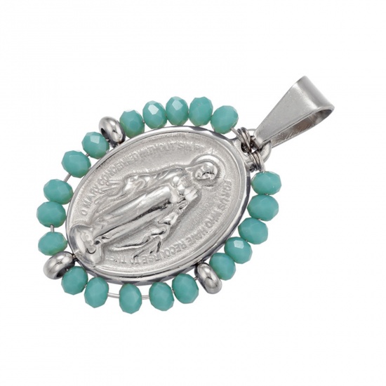 Immagine di Acciaio Inossidabile + Vetro Religione Ciondoli Ovale Tono Argento Verde Vergine Maria 38mm x 24mm, 1 Pz