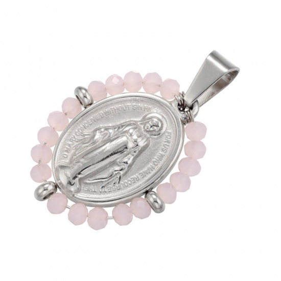 Immagine di Acciaio Inossidabile + Vetro Religione Ciondoli Ovale Tono Argento Rosa Chiaro Vergine Maria 38mm x 24mm, 1 Pz
