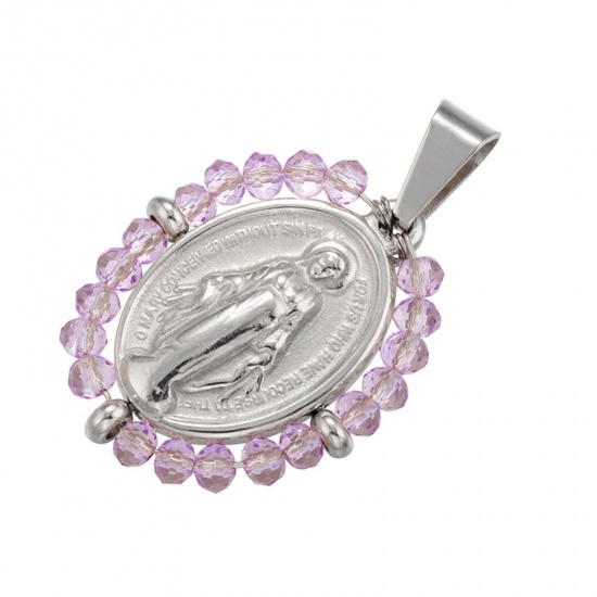 Immagine di Acciaio Inossidabile + Vetro Religione Ciondoli Ovale Tono Argento Colore Viola Vergine Maria 38mm x 24mm, 1 Pz
