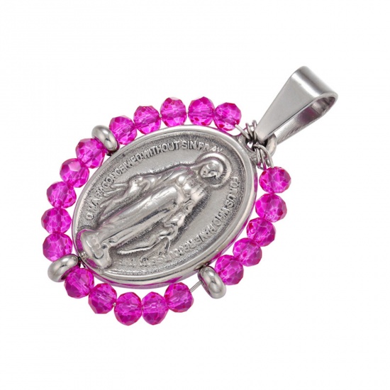 Immagine di Acciaio Inossidabile + Vetro Religione Ciondoli Ovale Tono Argento Rosso Prugna Vergine Maria 38mm x 24mm, 1 Pz