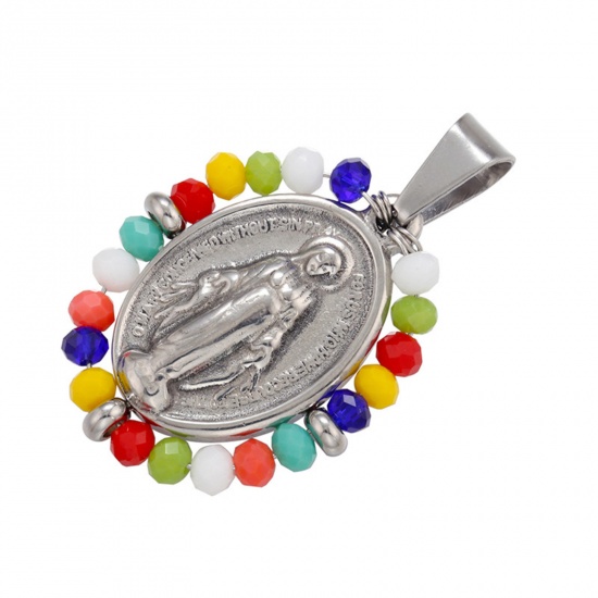 Immagine di Acciaio Inossidabile + Vetro Religione Ciondoli Ovale Tono Argento Multicolore Vergine Maria 38mm x 24mm, 1 Pz