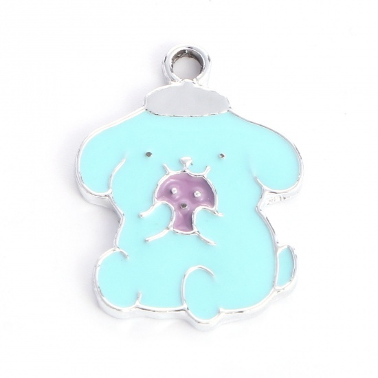 Picture of Zinc Based Alloy Charms Dog Animal Silver Tone Blue Enamel 21mm x 16mm, 10 PCs