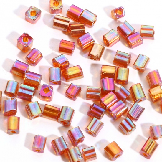 Picture of Glass Square Seed Beads Amber Transparent AB Color About 4mm x 4mm, Hole: Approx 1.2x1.2mm, 100 Grams