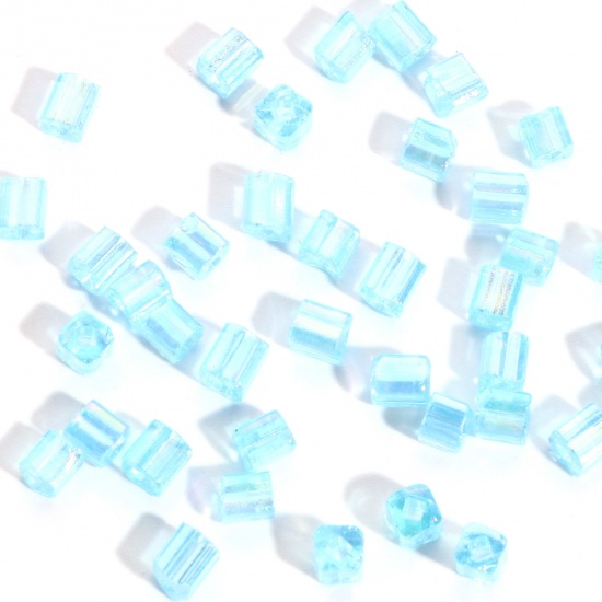 Picture of Glass Square Seed Beads Light Blue Transparent AB Color About 4mm x 4mm, Hole: Approx 1.2x1.2mm, 100 Grams