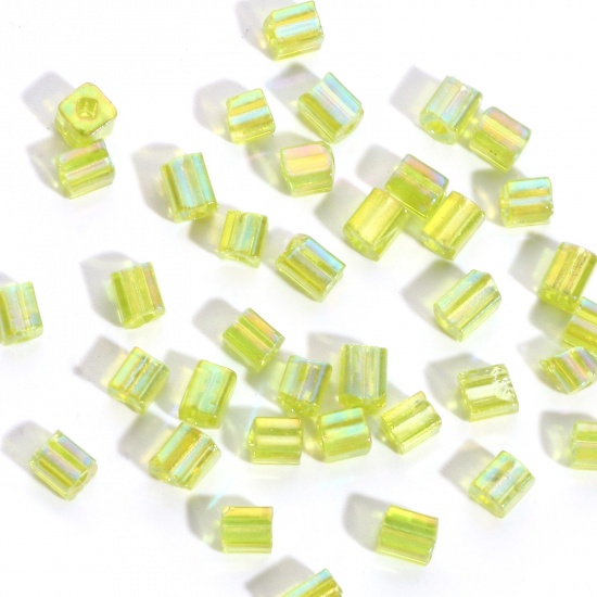 Picture of Glass Square Seed Beads Yellow-green Transparent AB Color About 4mm x 4mm, Hole: Approx 1.2x1.2mm, 100 Grams