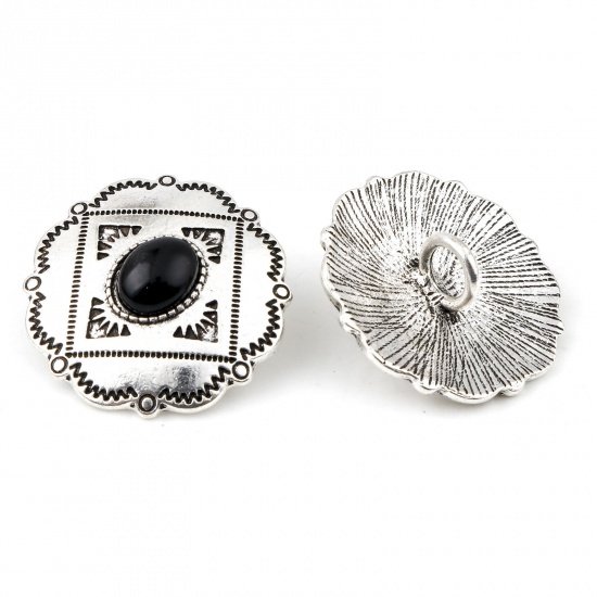 Picture of Zinc Based Alloy Boho Chic Bohemia Metal Sewing Shank Buttons Single Hole Antique Silver Color Black Flower Carved Pattern With Resin Cabochons 3cm x 2.9cm, 3 PCs