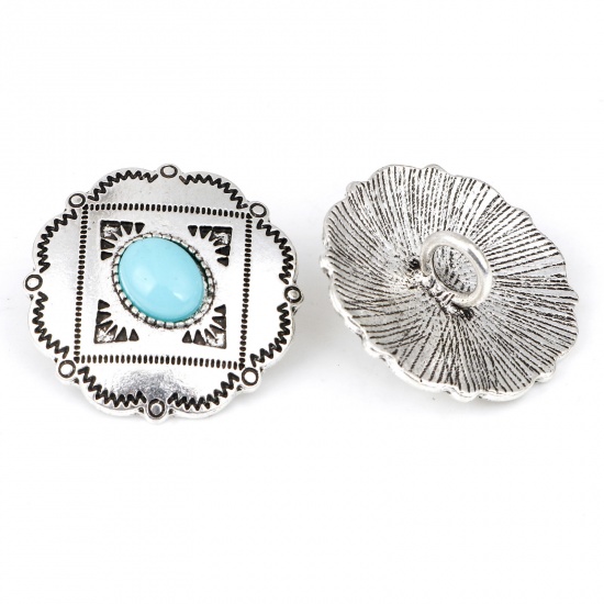 Picture of Zinc Based Alloy Boho Chic Bohemia Metal Sewing Shank Buttons Single Hole Antique Silver Color Skyblue Flower Carved Pattern With Resin Cabochons 3cm x 2.9cm, 3 PCs