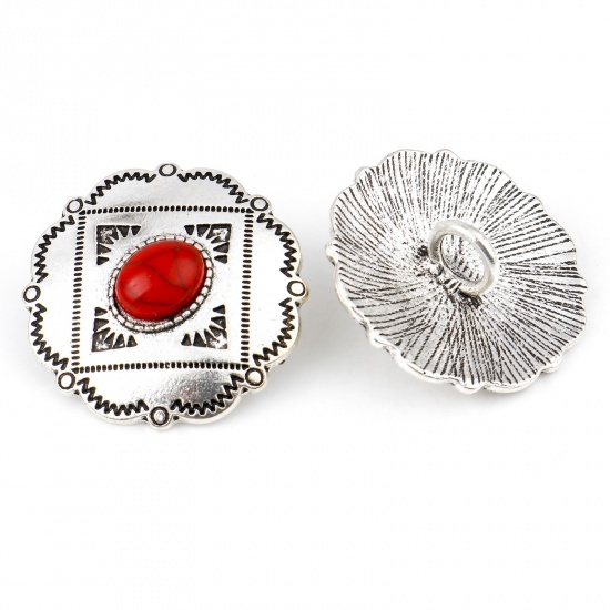 Picture of Zinc Based Alloy Boho Chic Bohemia Metal Sewing Shank Buttons Single Hole Antique Silver Color Red Flower Carved Pattern With Resin Cabochons Imitation Turquoise 3cm x 2.9cm, 3 PCs