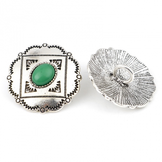 Picture of Zinc Based Alloy Boho Chic Bohemia Metal Sewing Shank Buttons Single Hole Antique Silver Color Green Flower Carved Pattern With Resin Cabochons 3cm x 2.9cm, 3 PCs