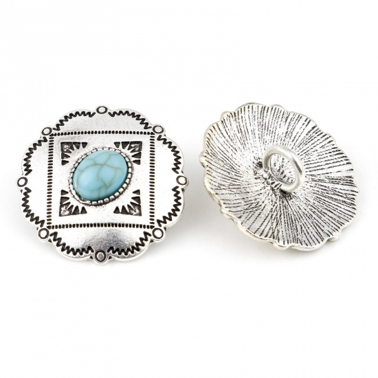 Picture of Zinc Based Alloy Boho Chic Bohemia Metal Sewing Shank Buttons Single Hole Antique Silver Color Green Blue Flower Carved Pattern With Resin Cabochons Imitation Turquoise 3cm x 2.9cm, 3 PCs