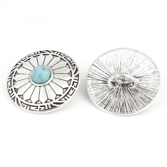 Picture of Zinc Based Alloy Boho Chic Bohemia Metal Sewing Shank Buttons Single Hole Antique Silver Color Green Blue Round Carved Pattern With Resin Cabochons Imitation Turquoise 3cm Dia., 3 PCs