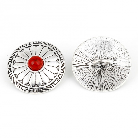Picture of Zinc Based Alloy Boho Chic Bohemia Metal Sewing Shank Buttons Single Hole Antique Silver Color Red Round Carved Pattern With Resin Cabochons Imitation Turquoise 3cm Dia., 3 PCs