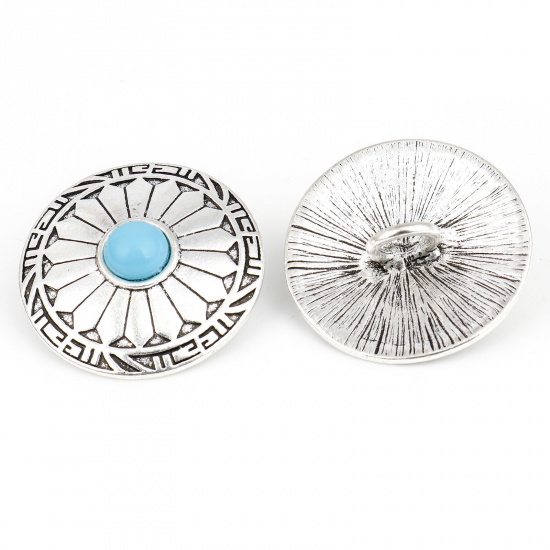 Picture of Zinc Based Alloy Boho Chic Bohemia Metal Sewing Shank Buttons Single Hole Antique Silver Color Blue Round Carved Pattern With Resin Cabochons 3cm Dia., 3 PCs