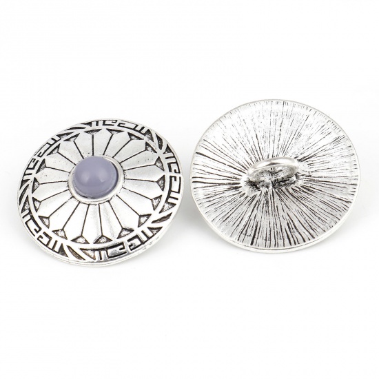 Picture of Zinc Based Alloy Boho Chic Bohemia Metal Sewing Shank Buttons Single Hole Antique Silver Color Purple Gray Round Carved Pattern With Resin Cabochons 3cm Dia., 3 PCs