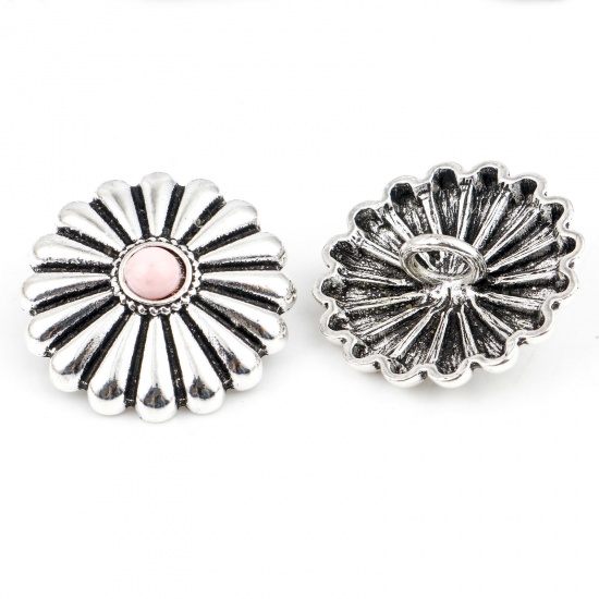 Picture of Zinc Based Alloy Boho Chic Bohemia Metal Sewing Shank Buttons Single Hole Antique Silver Color Light Pink Chrysanthemum Flower With Resin Cabochons 29mm x 29mm, 3 PCs