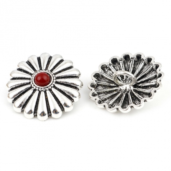 Picture of Zinc Based Alloy Boho Chic Bohemia Metal Sewing Shank Buttons Single Hole Antique Silver Color Dark Red Chrysanthemum Flower With Resin Cabochons 29mm x 29mm, 3 PCs
