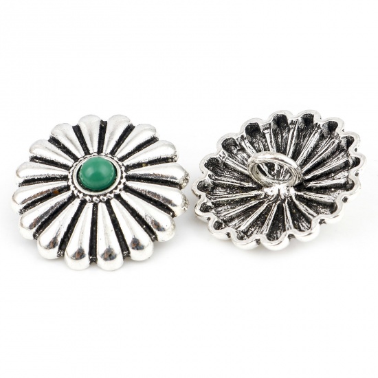 Picture of Zinc Based Alloy Boho Chic Bohemia Metal Sewing Shank Buttons Single Hole Antique Silver Color Green Chrysanthemum Flower With Resin Cabochons 29mm x 29mm, 3 PCs
