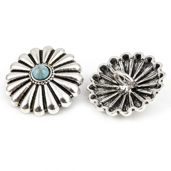 Picture of Zinc Based Alloy Boho Chic Bohemia Metal Sewing Shank Buttons Single Hole Antique Silver Color Green Blue Chrysanthemum Flower With Resin Cabochons Imitation Turquoise 29mm x 29mm, 3 PCs