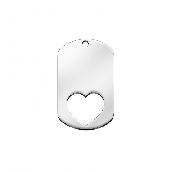 Picture of 304 Stainless Steel Valentine's Day Blank Stamping Tags Pendants Rectangle Heart Silver Tone Double-sided Polishing 40mm x 25mm, 2 PCs