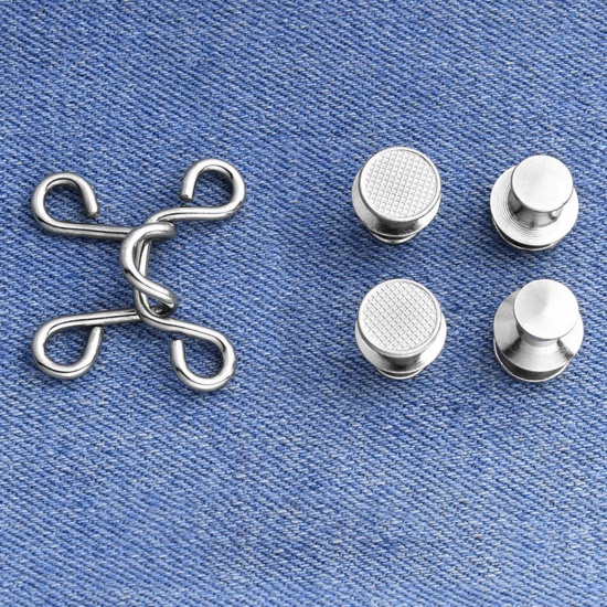 Picture of Brass Metal Detachable Tighten Waist Clasp Button Pins For Jean Pants Silver Tone Adjustable 27mm x 17mm, 1 Set