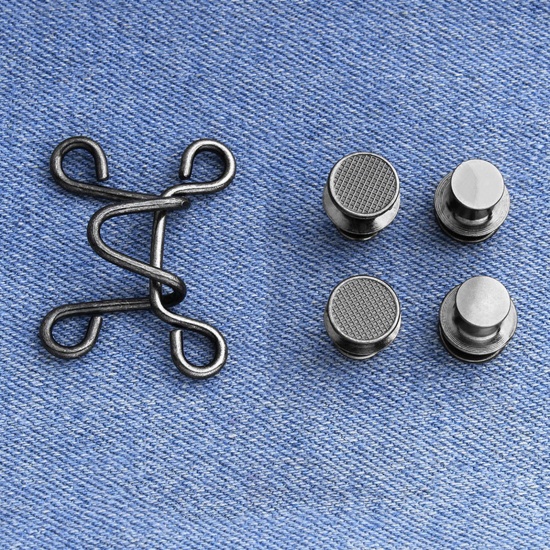 Picture of Brass Metal Detachable Tighten Waist Clasp Button Pins For Jean Pants Gunmetal Adjustable 3.2cm x 1.8cm, 1 Set