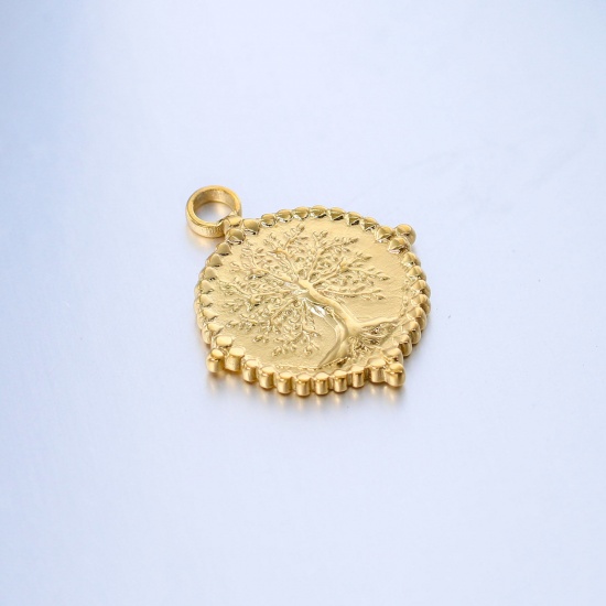 Picture of 304 Stainless Steel Charms Gold Plated Round Disc Tree of Life 22.5mm x 19mm, 3 PCs