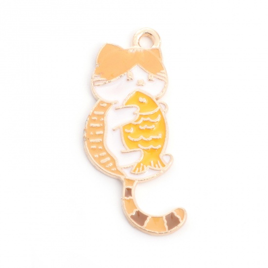 Immagine di Lega di Zinco Ciondoli Gatto Oro Placcato Multicolore Pesce Smalto 3.2cm x 1.6cm , 10 Pz