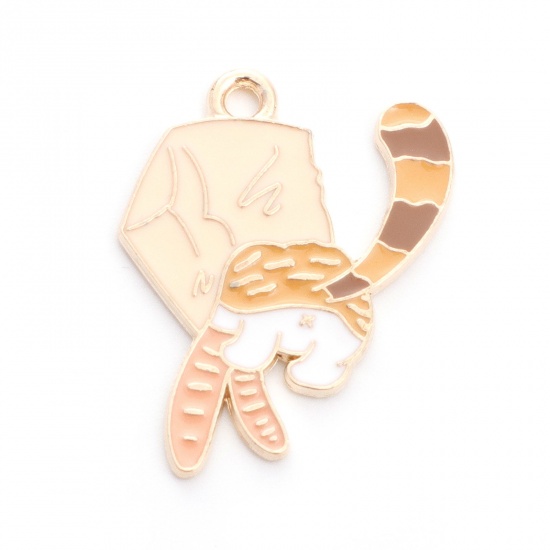 Picture of Zinc Based Alloy Charms Cat Animal Gold Plated Multicolor Enamel 26mm x 20mm, 10 PCs