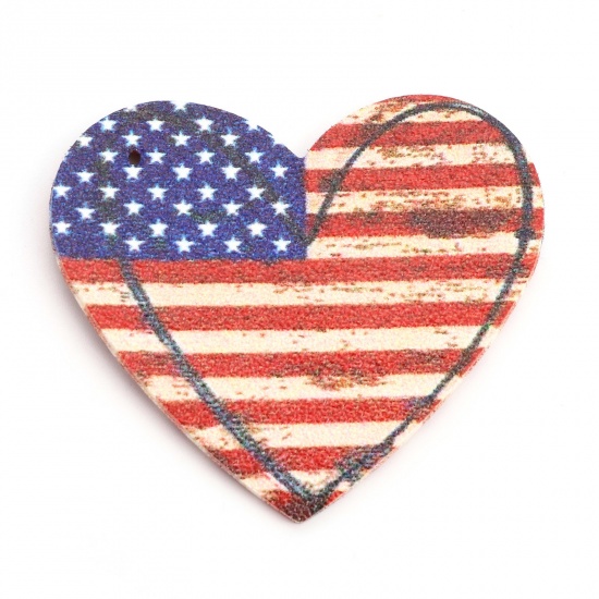 Picture of PU Leather American Independence Day Pendants Heart Multicolor National Flag 5cm x 4.5cm, 5 PCs