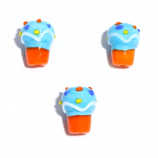 Picture of Lampwork Glass Beads Ice Cream Blue Dot About 20mm x 16mm, Hole: Approx 1mm, 2 PCs