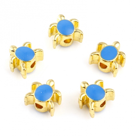 Picture of Zinc Based Alloy Ocean Jewelry Spacer Beads Tortoise Animal Gold Plated Blue Enamel About 8mm x 8mm, Hole: Approx 1.8mm, 20 PCs
