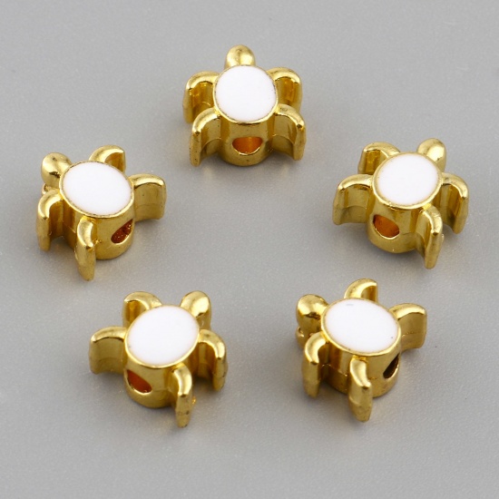 Picture of Zinc Based Alloy Ocean Jewelry Spacer Beads Tortoise Animal Gold Plated White Enamel About 8mm x 8mm, Hole: Approx 1.8mm, 20 PCs