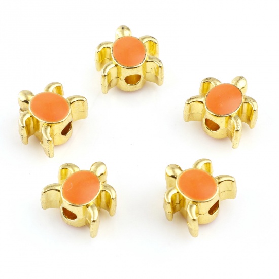 Picture of Zinc Based Alloy Ocean Jewelry Spacer Beads Tortoise Animal Gold Plated Orange Enamel About 8mm x 8mm, Hole: Approx 1.8mm, 20 PCs