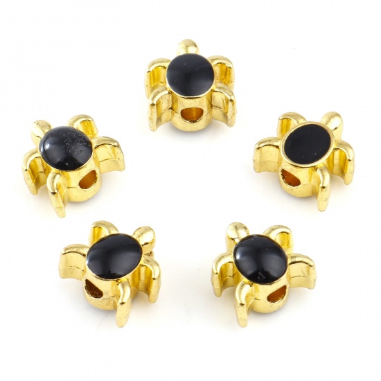 Picture of Zinc Based Alloy Ocean Jewelry Spacer Beads Tortoise Animal Gold Plated Black Enamel About 8mm x 8mm, Hole: Approx 1.8mm, 20 PCs