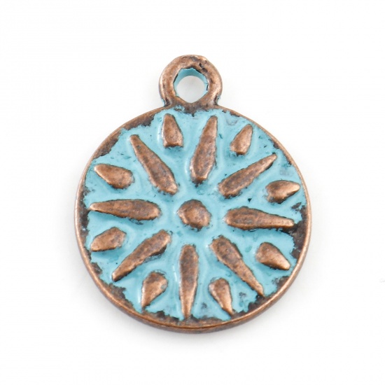 Picture of Zinc Based Alloy Patina Charms Round Antique Copper Carved Pattern 18mm x 14mm, 20 PCs