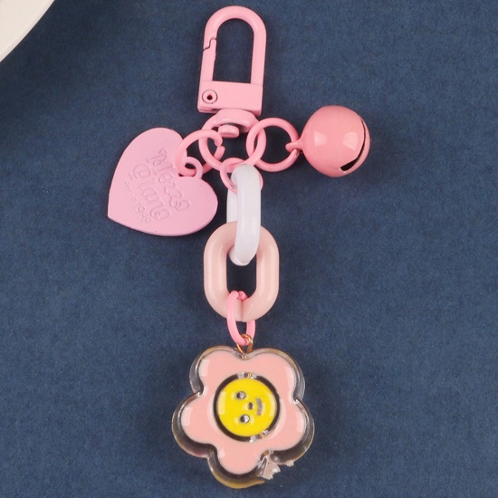 Bild von Acryl Süßer Schlüsselanhänger & Schlüsselanhänger Rosa Blume Herz Glocke Imitationsperle 8-9cm, 1 Stück