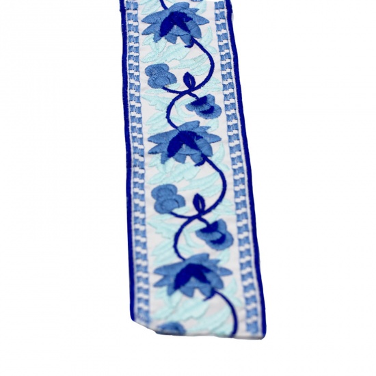 Изображение Полиэстер Этнические Жаккардовые ленты Синий Цветок Вышивка 5см, 10 Ярд