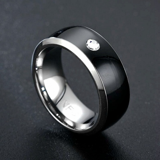 Picture of Stainless Steel Stylish Non-rechargeable Waterproof Multifunctional NFC Smart Chip Unadjustable Rings Black Round For Android Smartphone Devices 19.8mm(US Size 10), 1 Piece