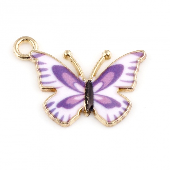 Picture of Zinc Based Alloy Insect Charms Butterfly Animal Gold Plated Purple Enamel 22mm x 15mm, 10 PCs
