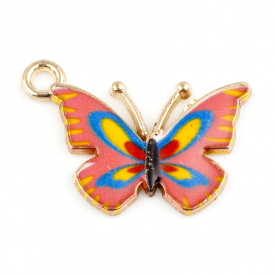 Picture of Zinc Based Alloy Insect Charms Butterfly Animal Gold Plated Orange Pink Enamel 22mm x 15mm, 10 PCs