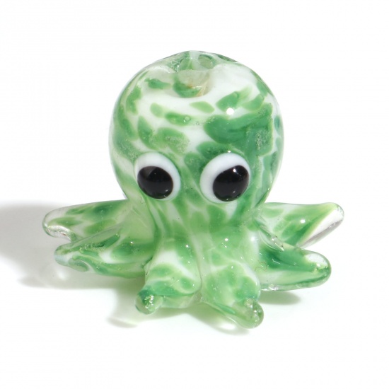 Picture of Lampwork Glass Ocean Jewelry Beads Octopus Green Dot About 22x16mm - 18x15mm, Hole: Approx 1.8mm, 2 PCs