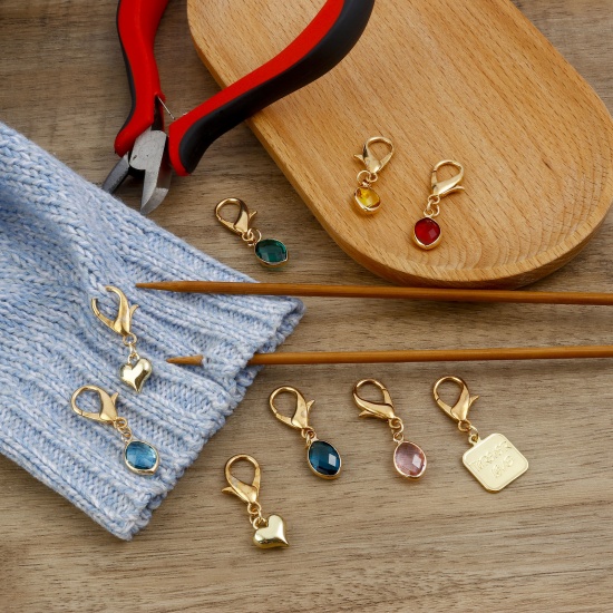 Picture of Alloy Birthstone Knitting Stitch Markers Marquise Heart KC Gold Plated 4.1x1.5cm - 3.5x1.2cm, 1 Set ( 9 PCs/Set)