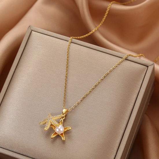 Picture of Titanium Steel Ocean Jewelry Necklace Gold Plated Star Fish Clear Rhinestone 40cm(15 6/8") long, 1 Piece