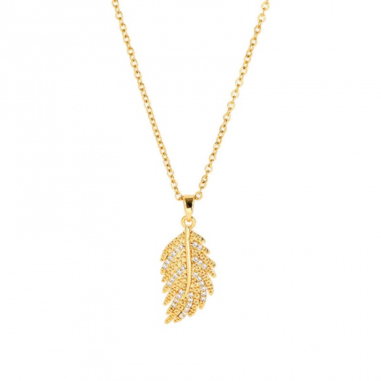 Picture of Titanium Steel Ins Style Necklace Gold Plated Feather Clear Rhinestone 40cm(15 6/8") long, 1 Piece