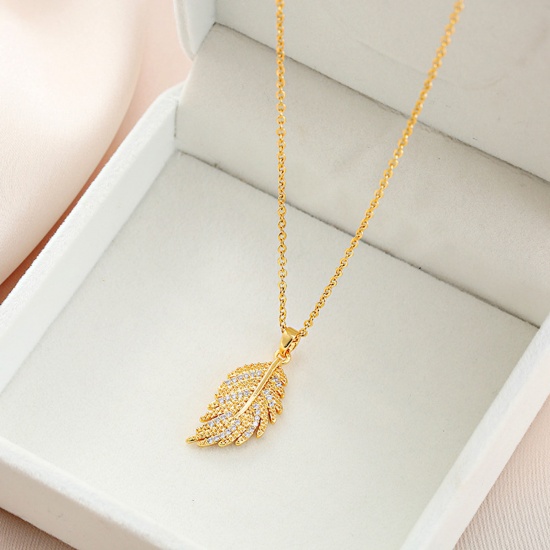 Picture of Titanium Steel Ins Style Necklace Gold Plated Feather Clear Rhinestone 40cm(15 6/8") long, 1 Piece