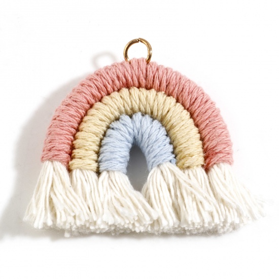 Picture of Cotton Braided Tassel Pendants Rainbow Multicolor Handmade 4cm x 3.5cm, 1 Piece